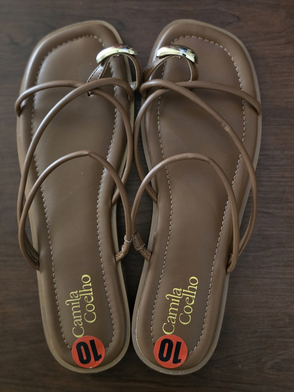 Camila Coelho Brown Leather Strappy Sandals with Gold Accent